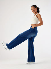 Women'S High-Waist Stretch Denim Wide-Leg Pants with Multiple Pockets, Distressed Vintage Casual Denim Long Pants