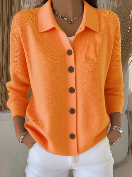 Women Lapel Collar Button Front Solid Long Sleeve Loose Casual Cardigan Top