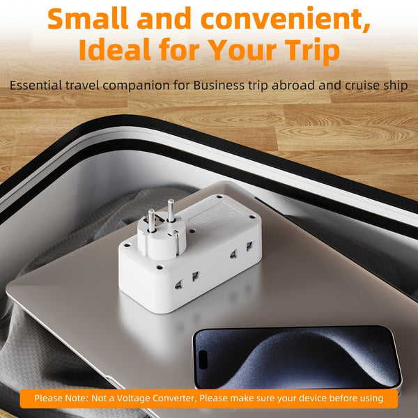 UK to EU Travel Adapter with 3 USB Ports & 2 AC Outlets - 3250W Power Max, 2-Pin Sockets for Germany, France, Spain, Greece, Netherlands, Poland, Portugal - White/Black