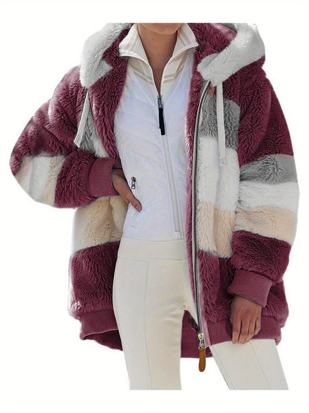 Women'S Faux Fur Shearling Fleece Jacket - Full-Zip Hooded Coat with Full-Length Zipper, Plush Fleece Lining, Purple & Winter Jacket for Cold Weather