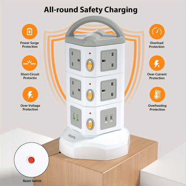 SooPii 10-Outlet Power Tower with 4 USB, Multi Plug Power Extension Strip with 10AC Outlets, 2 USB & 2 USB-C Ports, Surge Protector, 2m Extension Cable, 4000W/16A Extension Power Cord for Home Office, White, Christmas Gifts, Gifts.