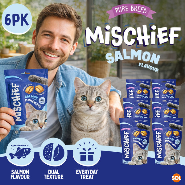 Pure Breed Mischief Cat Treats 6 Pack | Salmon Flavour Pillow Snacks for Cats | Crunchy Outside & Creamy Inside | Low Calorie Dual Texture Cat Bites (Only 2 kcal Each) | Natural Resealable Cat Treat Pouches