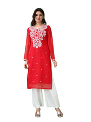 Estationeryhouse Women's Georgette Lucknowi chikankari kurti, Rose Design with Heavy Embroidery, Without Bottom
