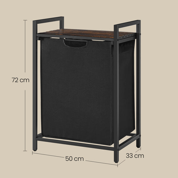 Laundry Hamper, Laundry Basket with Pull-Out Liner, Shelf, Metal Frame, 12.7 Gallons, Rustic Brown and Black