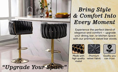 Set of 2 x Velvet Woven Upholstered Adjustable High Swivel Breakfast Bar Pub Home Stool Chair With Gold Metal base & Gas Lift (Cream/Gold)