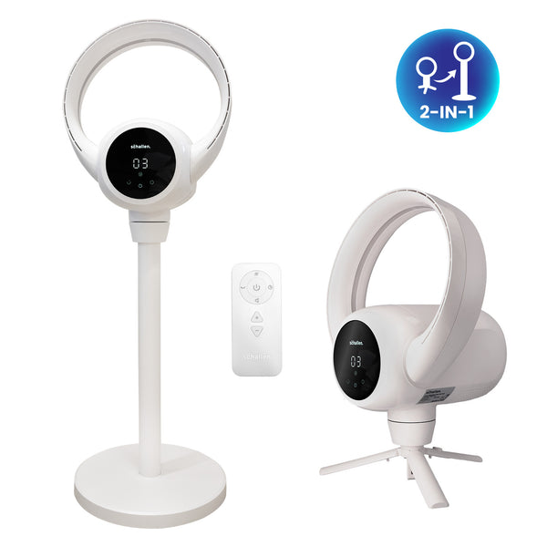 Schallen White 2 In 1 Bladeless Fan Floor and Desk Table Fan with Digital Display and Remote Control, Quiet Adjustable Cooling Fan for Home Office Bedroom, Modern White and Black Tower Fan with Safe Bladeless Airflow, Portable Standing or Desktop Fan with