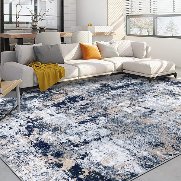 Capslpad Navy Blue Abstract Area Rug 200x300cm | Modern Short Pile Soft Faux Wool, Machine Washable, Non Slip, Minimalist Floor Mat for Living Room, Bedroom, Office, Kitchen Decor
