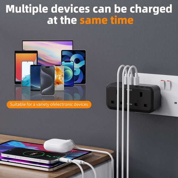 baykul Multifunctional UK Plug Socket with 2 Standard UK Sockets, 2 Schuko Sockets, 3 USB Ports, Max 3250W, Surge Protection, Fire-Resistant Material, Compact and Lightweight for Home/Office/Travel Use ideal for Christmas travel
