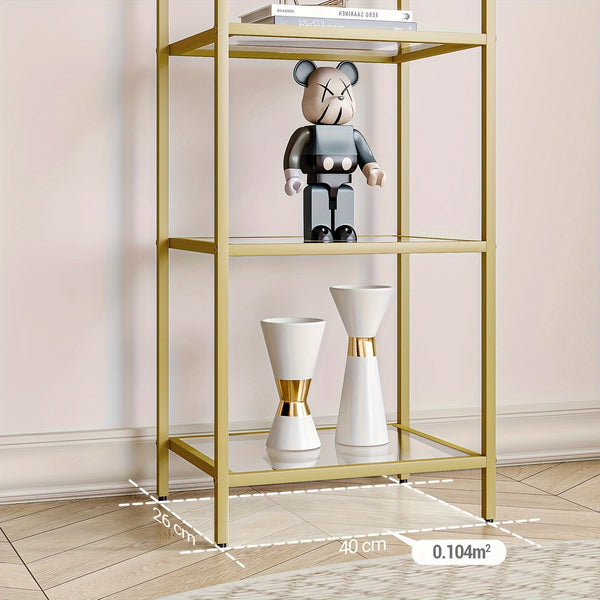 Bookcase Bookshelf, Tempered Glass Bookshelves, Slim Shelving Unit for Bedroom, Bathroom, Home Office, Steel Frame, 6 Tier Golden, Standing Shelf