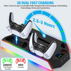 for PS5/Slim/ Pro Stand Disc & Digital Console, RGB Cooling & Charging Station with 3-Level Fan, Controller Charger for PS5 Controller, Accessories with 3 USB Ports/Cooling Fan/Headset Holder
