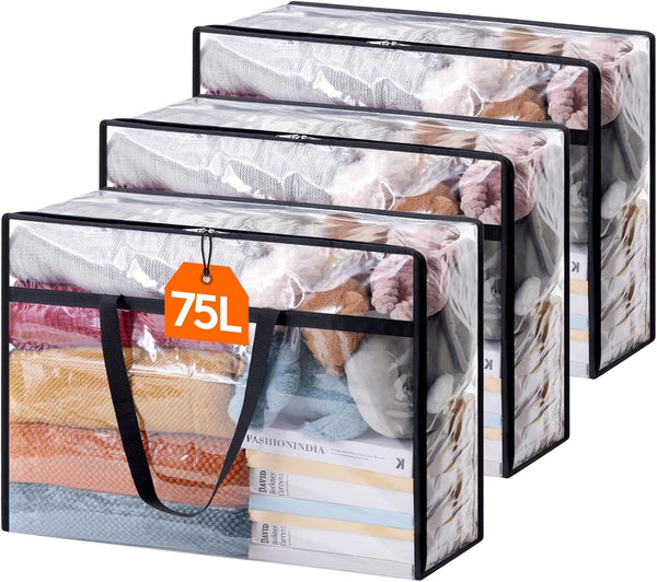 Lifewit 4 Pack Clear Plastic Storage Bags, 40L Foldable Clothes Storage Boxes Wardrobe Organizer Moving Bags with Reinforced Handle for Loft Wardrobe for Bedding Clothes Blanket Duvet
