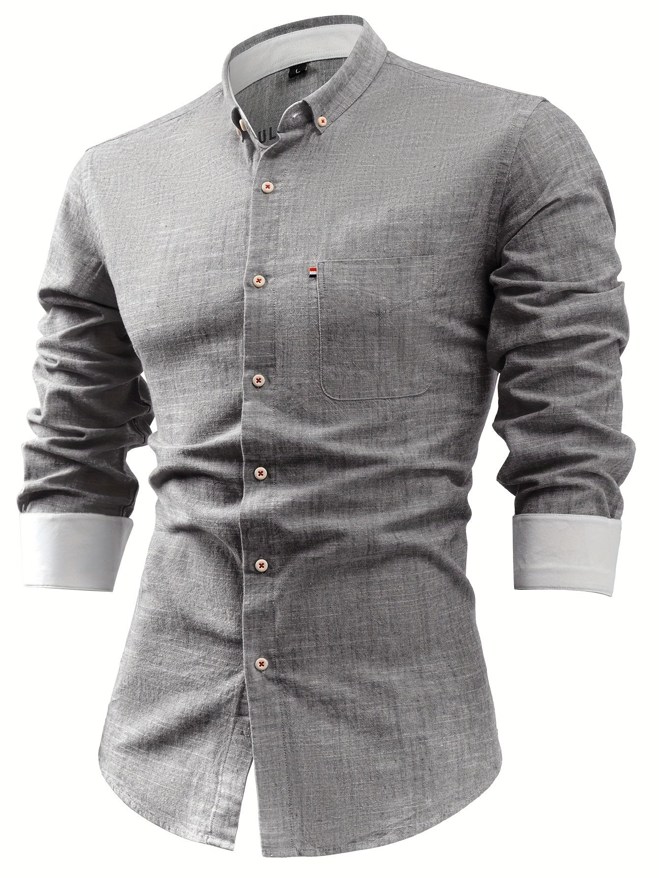 Linen Men'S Casual Shirt Long Sleeve Linen Solid Color Breathable Fashion Men'S Top Blouse Retro Open Front with Pockets