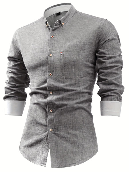 Linen Men'S Casual Shirt Long Sleeve Linen Solid Color Breathable Fashion Men'S Top Blouse Retro Open Front with Pockets