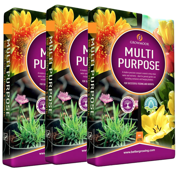 3x Growmoor 60L Multi Purpose Compost Nutrient Rich Soil Blend For Healthy Plant Growth
