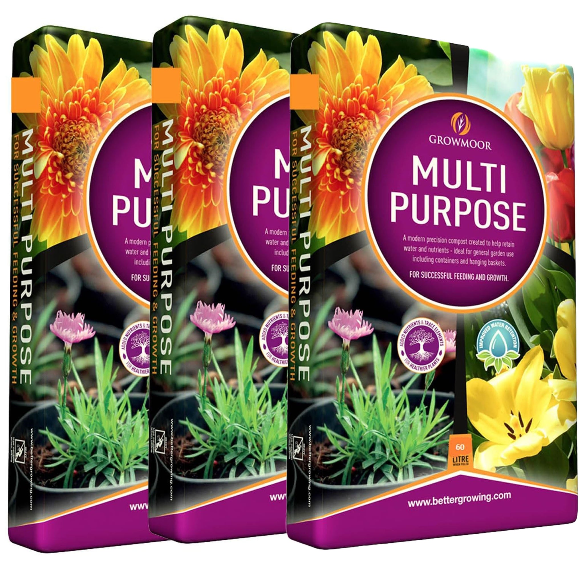 3x Growmoor 60L Multi Purpose Compost Nutrient Rich Soil Blend For Healthy Plant Growth