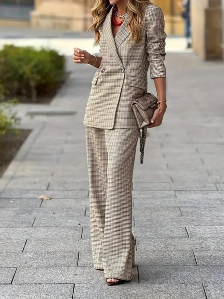 New Women'S Product: Lined Plaid Suit Jacket Top + Plaid Wide-Leg Pants Suit, Fashionable And Elegant for Commuting, Going Out, Professional Office, Street Style, Airport Daily Wear Suit Two-Piece Set, Suitable for Spring And Autumn Wear