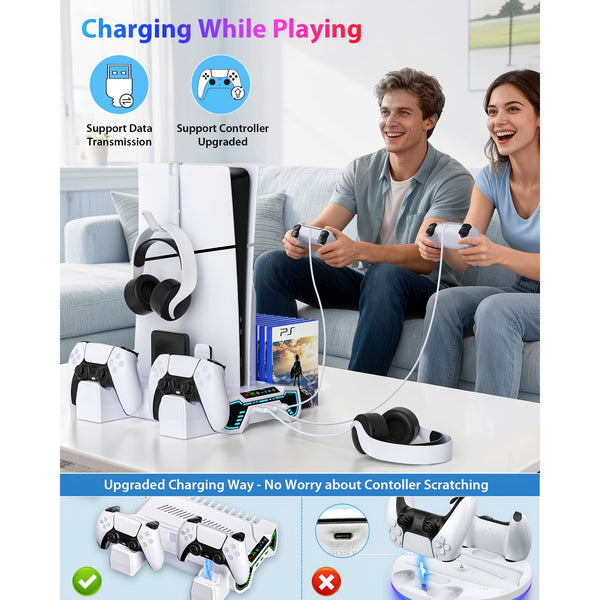 For Ps5/Slim/Pro Cooling Station And Controller Charging Station with RGB Stand for Playstation 5 Console - for PS5 Controller Charger, Cooling Stand Accessory Kit-Cooler Fan/Headset Holder/3 USB Hub, White