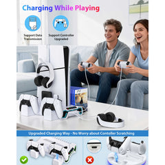 For Ps5/Slim/Pro Cooling Station And Controller Charging Station with RGB Stand for Playstation 5 Console - for PS5 Controller Charger, Cooling Stand Accessory Kit-Cooler Fan/Headset Holder/3 USB Hub, White