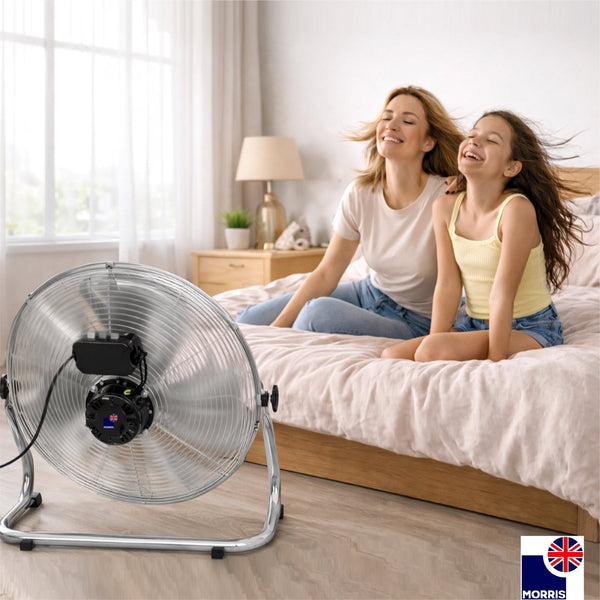 Morris Floor Fan 12 Inch Strong Airflow 3 Speeds Aluminium Blades Tilt Head 135° Portable Compact Fan for Bedroom Office Home Silver