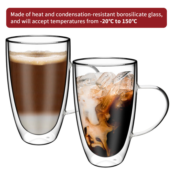 Vinsani Double Walled Coffee Drink Glasses Tea Cup Mug Heat Cold Resistant Aesthetic Clear Borosilicate Glass with Handle Cappuccino Latte Tea Dessert Hot and Cold Drinks