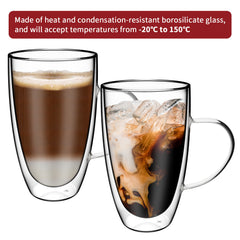 Vinsani Double Walled Coffee Drink Glasses Tea Cup Mug Heat Cold Resistant Aesthetic Clear Borosilicate Glass with Handle Cappuccino Latte Tea Dessert Hot and Cold Drinks