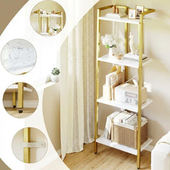 4-Tier Heavy-Duty Iron Ladder Shelf Bookcase with Wide Base Suitable for Books, Plants, Storage - Freestanding Multi-Functional Shelf for Living Room, Office, Kitchen, Bathroom - Space-Saving Vertical Storage Rack for Modern Organization, Standing