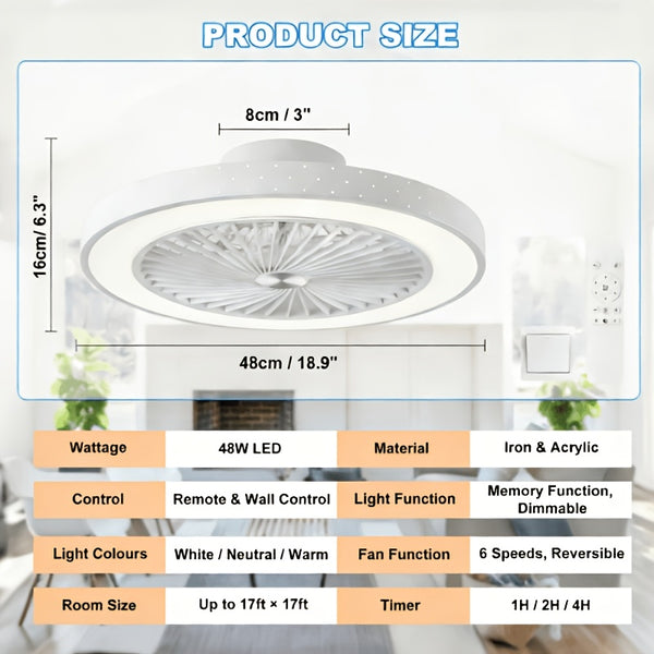 LED Ceiling Fan with Light And Remote, Ceiling Lamp with Fan, Low Profile, 6 Speeds, 3 Colors, 2 Control Modes, Fan Lamp, for Bedroom, Living Room, Dining Room, Kitchen, Office