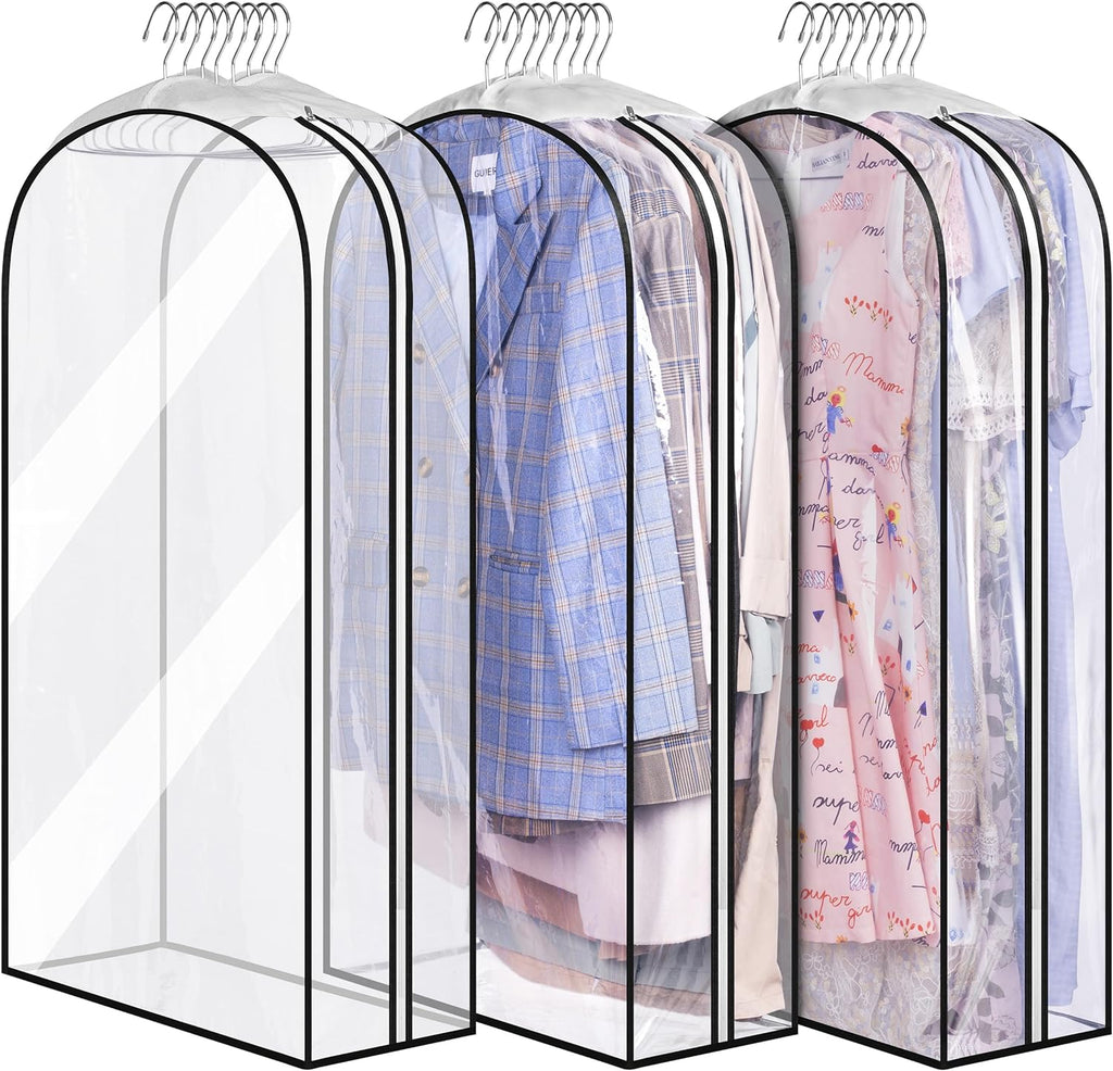 MISSLO Gusseted Clear Suit Covers Garment Bags for Clothes 100Cm Waterproof Cothes Covers Protector Bags with Side Zip for Coats, Shirts, Dresses, 3 Packs