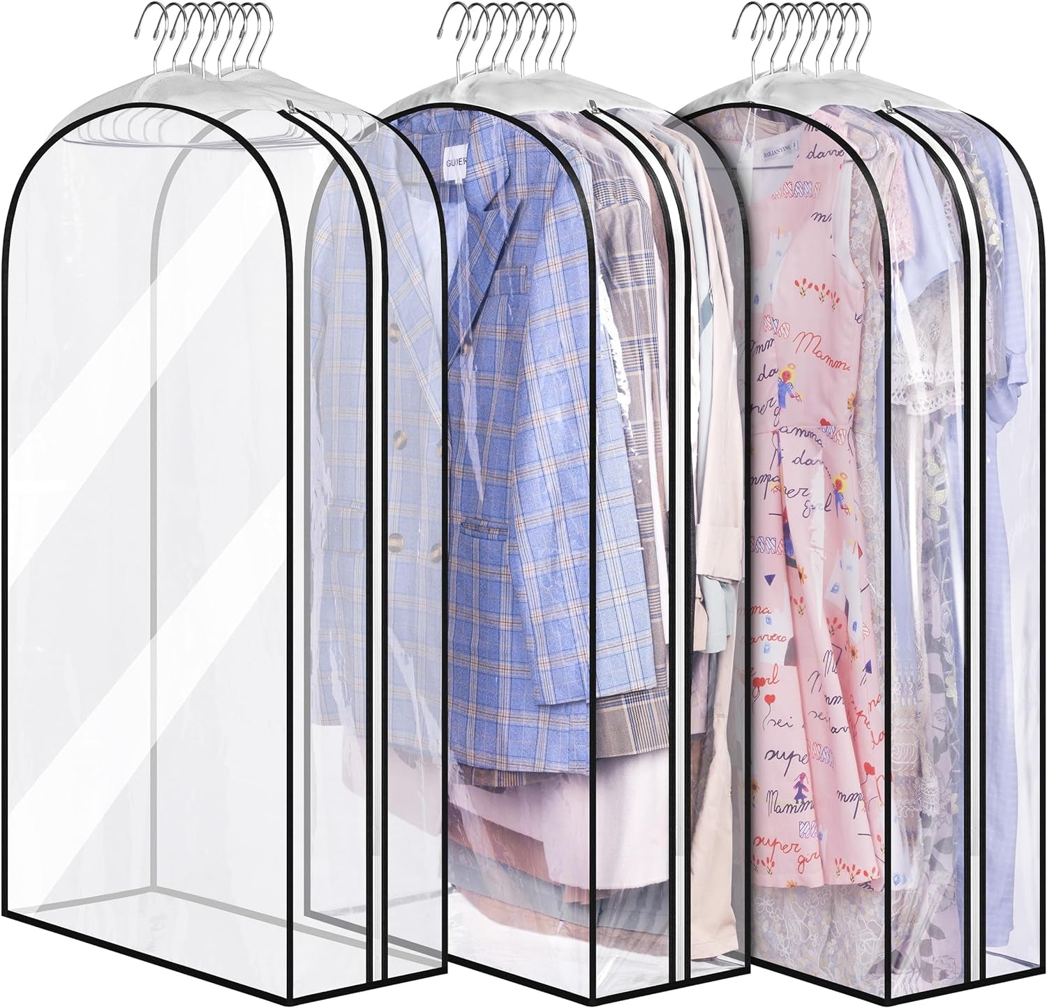 MISSLO Gusseted Clear Suit Covers Garment Bags for Clothes 100Cm Waterproof Cothes Covers Protector Bags with Side Zip for Coats, Shirts, Dresses, 3 Packs