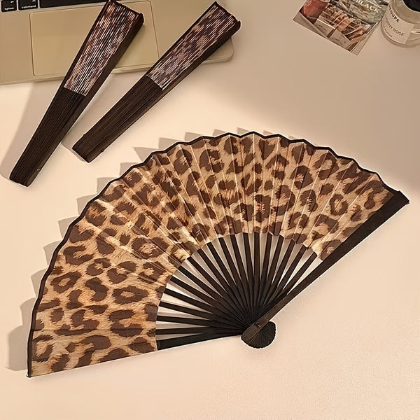 Large 23cm Retro Leopard Print Hand Fan - Portable Folding Fan Suitable for Women & Men, Fabric Cooling Fan for Summer, Parties, Rave, Dance Performances, Outdoor Events - Elegant Gift for