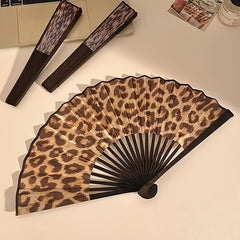 Large 23cm Retro Leopard Print Hand Fan - Portable Folding Fan Suitable for Women & Men, Fabric Cooling Fan for Summer, Parties, Rave, Dance Performances, Outdoor Events - Elegant Gift for