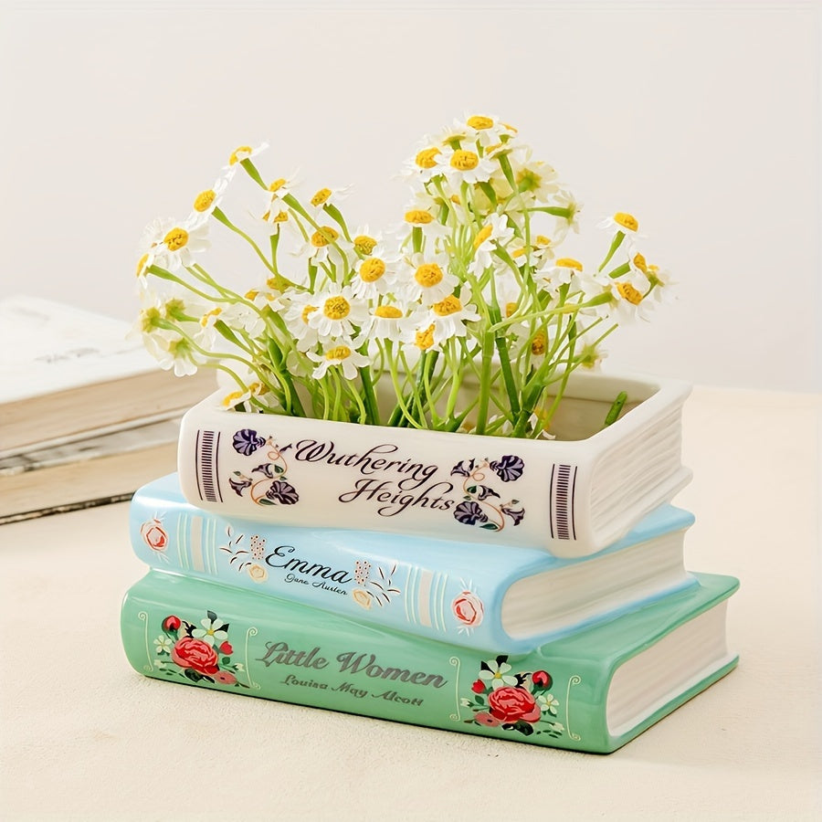 One Creative Three-Tiered Ceramic Book-Shaped Vase, a Unique Ceramic Flower Pot for Home Decoration, Suitable for Living Room, Bookshelf, Fireplace Mantel, And Dining Table Decoration.