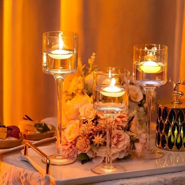 Set of 3pcs Clear Glass Candle Holder Goblet Tealight Holders Stand Candlestick Table Centerpiece Party Decor for Wedding, Christmas, Valentine's Day, Mother's Day and Thanksgiving Day