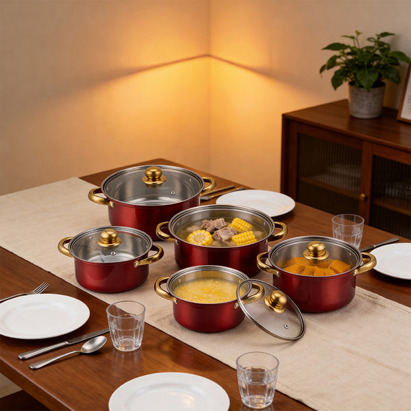 10PCS Multifunctional Stainless Steel Soup Pot Set, Milk Pot for Daily Kitchen Cooking, Hot Pot and Instant Noodles, Sturdy Gold-Plated Handles, Red