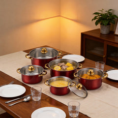 10PCS Multifunctional Stainless Steel Soup Pot Set, Milk Pot for Daily Kitchen Cooking, Hot Pot and Instant Noodles, Sturdy Gold-Plated Handles, Red