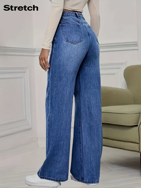 Women'S 2026 Autumn Winter New Stretch Straight-Leg Jeans, High-Waisted Loose Fit Jeans. Washed Blue Denim Trousers with Pockets, Tummy Control Comfort Pants, Elegant Ladies' Outfit, Wide Leg Casual Pants Suitable for Work, Travel And Office Wear