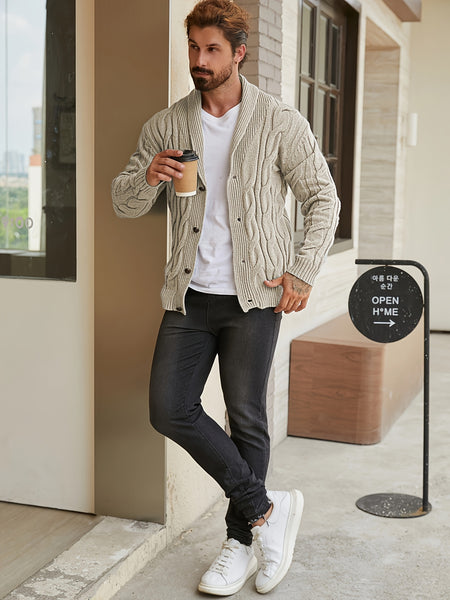 Men'S Solid Cable Knit Cardigan Fall Winter Button-Up Knit Coat