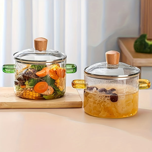 2pcs Glass Casserole Pot Suitable for All Stoves (Gas/Electric/Induction) - Thickened Heat-Resistant Shatterproof Soup Noodle Gravy Pot with Easy-Pour Spout & Even Heating Base, Heavy-Duty Glass Cookware for Home