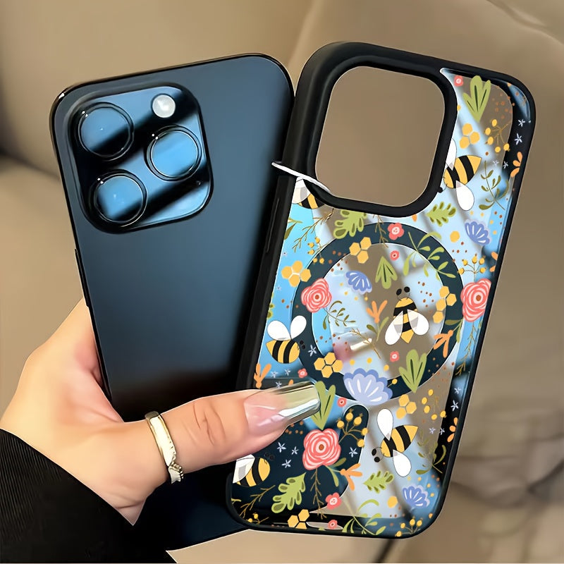 Phone Case: Stylish Floral Bee Phone Case with Wireless Charging, Anti-Drop Light Beige-Friendly Magnetic Cover- Compatible with iPhone 16 Pro Max/15/14 Plus/13/12/11& Samsung Galaxy A56/A55/A54/A36/A35/A26/A25/A16/A15/A06/S25 Ultra/S24 FE/S23