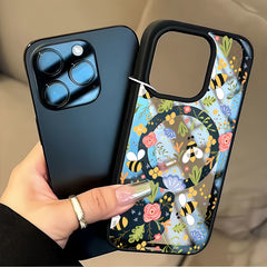 Phone Case: Stylish Floral Bee Phone Case with Wireless Charging, Anti-Drop Light Beige-Friendly Magnetic Cover- Compatible with iPhone 16 Pro Max/15/14 Plus/13/12/11& Samsung Galaxy A56/A55/A54/A36/A35/A26/A25/A16/A15/A06/S25 Ultra/S24 FE/S23