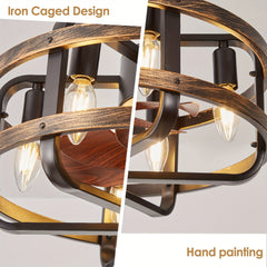 Caged Farmhouse Ceiling Fan with Light, 45.72cm Reversible 3 Wind Speed Industrial Ceiling Fan with 2 Down Rods, 1/2/4 Timing Quiet Flush Mount Rustic Ceiling Fan with Remote Control for Bedroom, Living Room, Dining Room, Kitchen