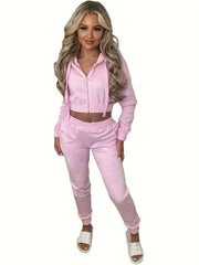 Women'S Fleece Hoodie Hooded Crop Top And Leisure Set