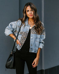 New Leopard Print Fashion Patchwork Torn Denim Top Casual Jacket, Casual Autumn Wear | Patchwork Denim Jacket | Glossy Fabric Finish