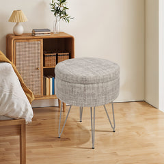 1pc Round Footrest Stool Ottoman with Storage, Makeup Vanity Chair Stool Side Table, Dressing Table Stool with Metal Legs, Couch Stool Portable Space-saving Lounge Chair for Living Room Bedroom Office Kitchen, 38x38x48cm (White)