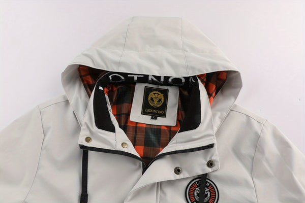 Multiple Pocket Design Men's Embroidery Long Sleeve Zip Up Drawstring Hooded Jacket, Men's Stand Collar Thin Jacket for Spring Outdoor