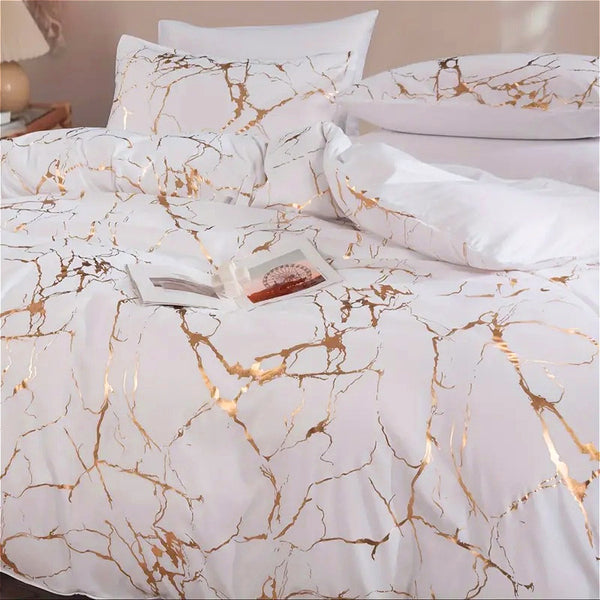 1set White Gilded Marble Pattern Duvet Cover Pillowcase Three-Piece Bedding Set with 2 Pillowcases for All Seasons and 1 Soft Duvet Cover Home Bedding Three-Piece Set
