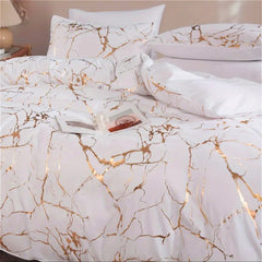1set White Gilded Marble Pattern Duvet Cover Pillowcase Three-Piece Bedding Set with 2 Pillowcases for All Seasons and 1 Soft Duvet Cover Home Bedding Three-Piece Set