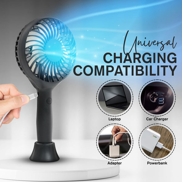 Tanness White/Black Handheld Fan with 3 Speeds - 3000 mAh USB Rechargeable Portable Mini Fan with Stand - Desk & Handheld Use