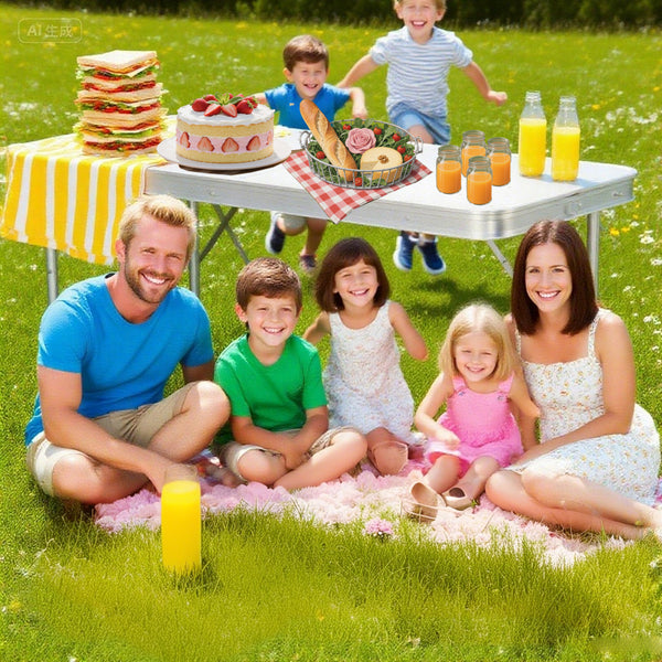 4FT Heavy Duty Folding Table Adjustable Height Pop-Up Trestle Table - 120x60x70/62/55cm, Waterproof Camping Table with Carry Handle for Indoor Outdoor Kitchen Campervan Picnic Work Top Table