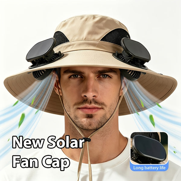 Wearing An Outdoor Solar Fan Hat, It Features A Dual-fan Design And A Wide Brim, Supports USB Charging to Ensure Long-lasting Battery Life, And Is Perfect for Activities Such As Camping, Hiking And Fishing.